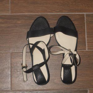 Black, strappy, low wedged heel Size 10 (W)